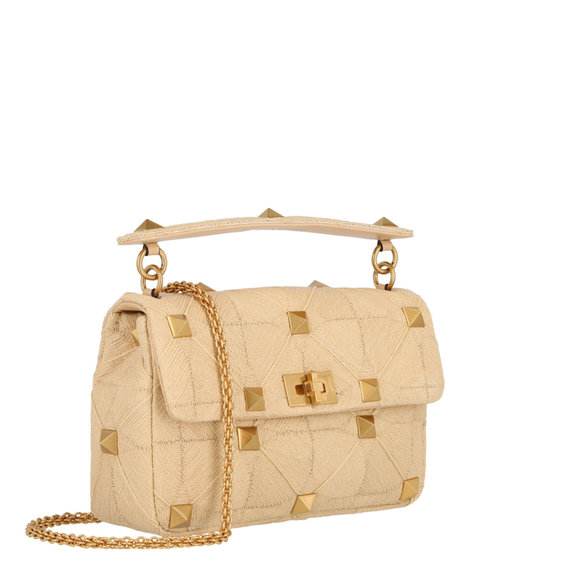 Valentino Medium Roman Stud Raffia Shoulder Bag White Womens - Picture 2 of 4